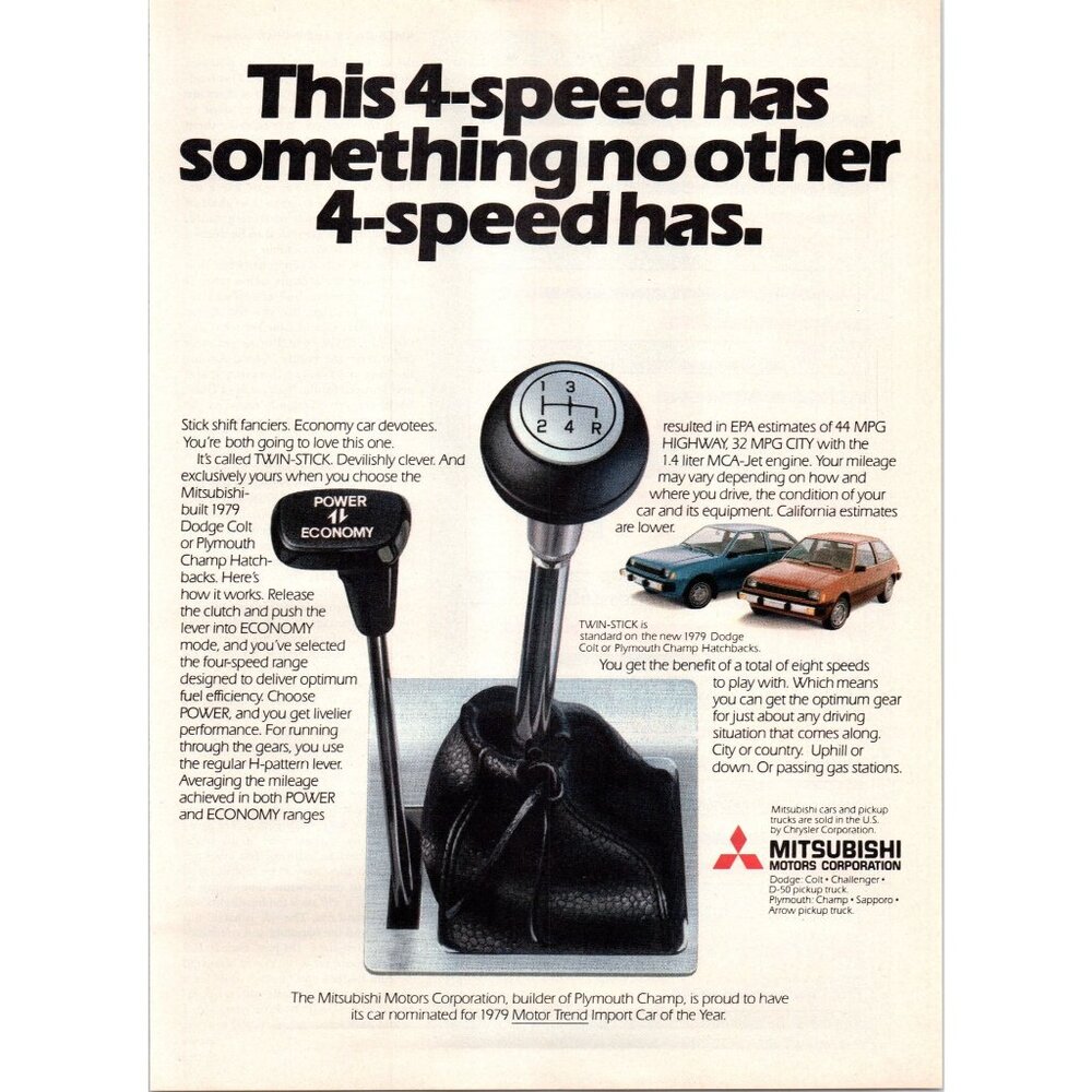 1979 Mitsubishi 4 Speed Transmission Dodge Colt Plymouth Champ Vintage Print Ad